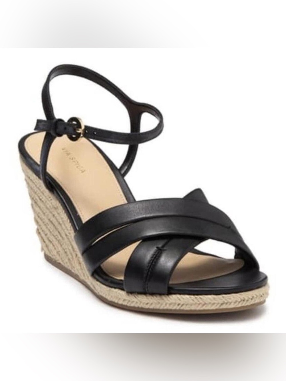 Via Spiga Inna 8 Black Leather Open Toe Woven Espadrille Platform Wedge Sandals